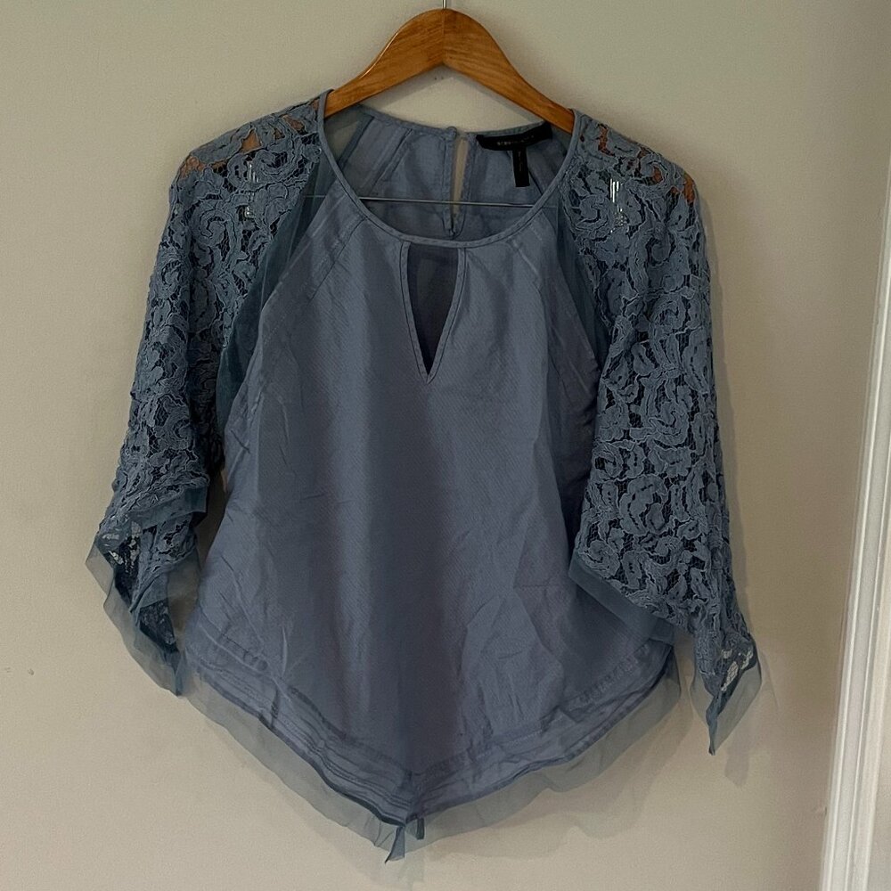 BCBGMAXAzria Powder Blue Lace Bell Sleeve Hankercheif Top Size Large
